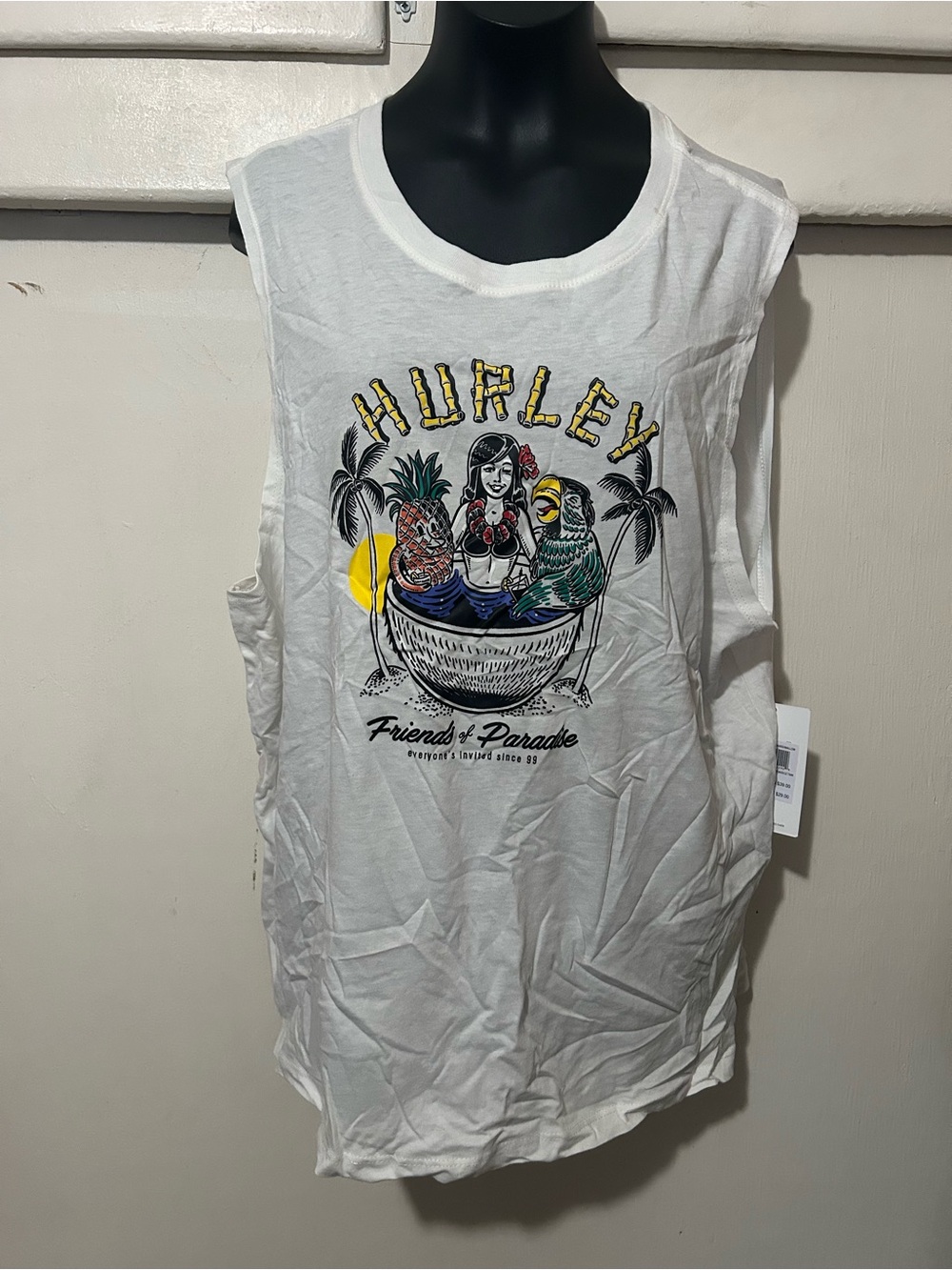 Hurley White Tropical Graphic Muscle Tank with Yellow Sun Accents